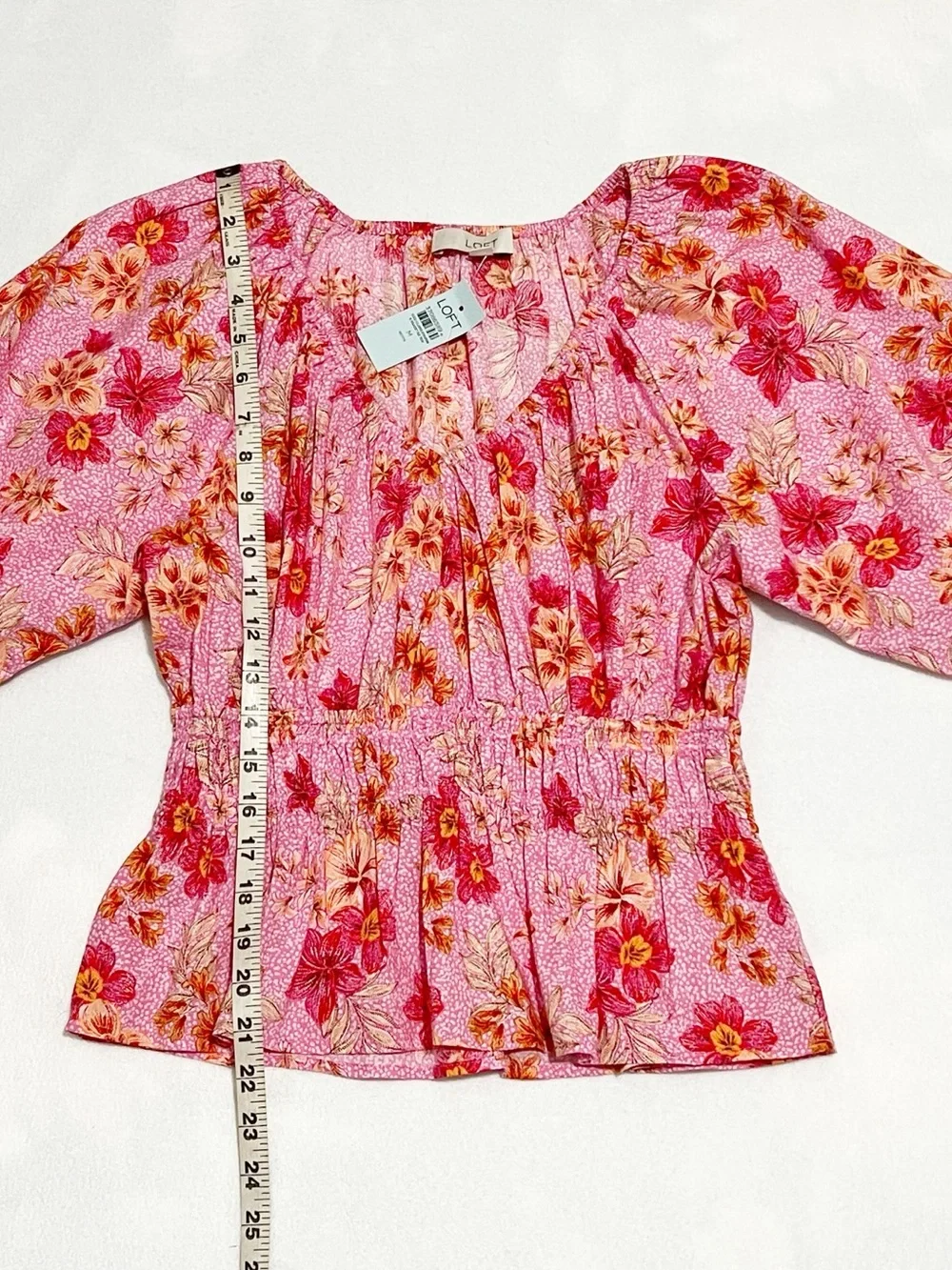 NWT!  LOFT Pink Floral Smocked Peplum Top Puff Sleeves Medium Cottage Boho